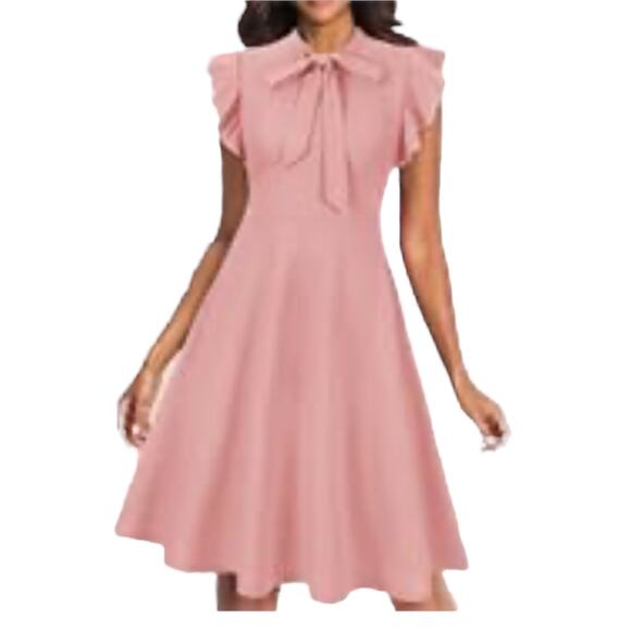 Moyabo Rose Pink Church Dress Retro Swing A-Line Tie Neck Size Large - Picture 2 of 10